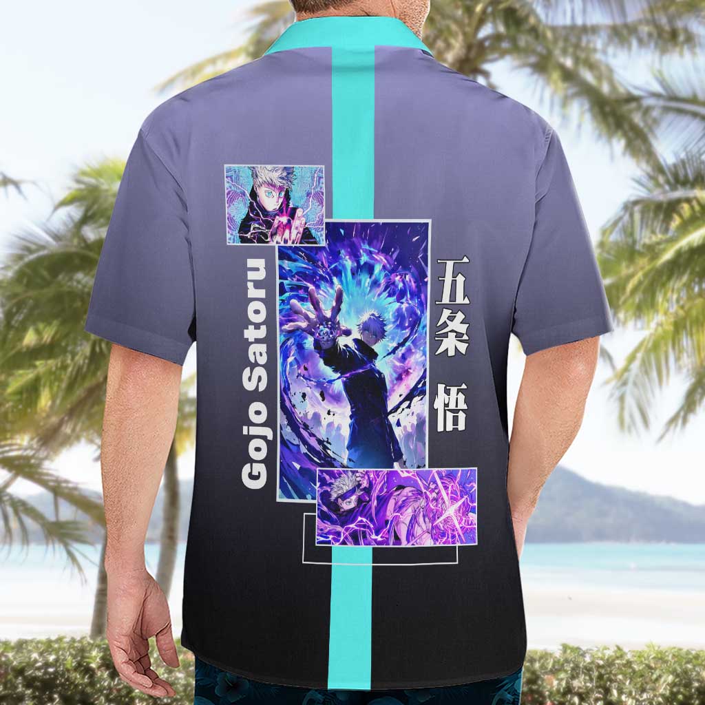 Satoru Gojo from Jujutsu Kaisen Hawaiian Shirt with Purple and Blue Background and Multiple Poses Design - The Mazicc