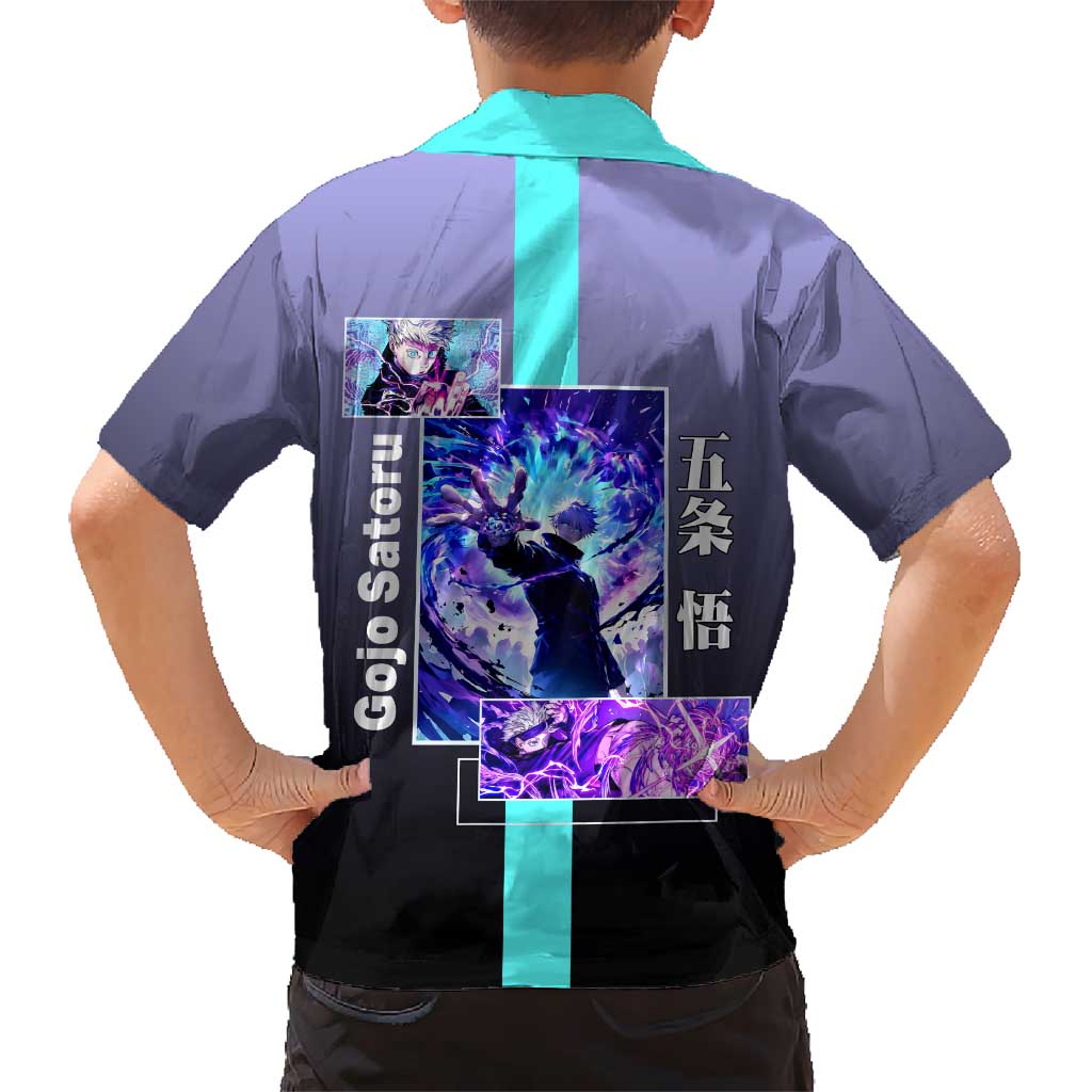 Satoru Gojo from Jujutsu Kaisen Hawaiian Shirt with Purple and Blue Background and Multiple Poses Design - The Mazicc