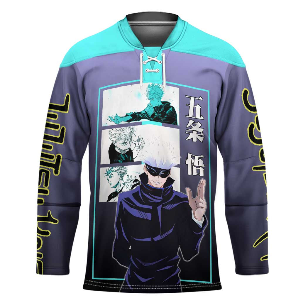 Satoru Gojo from Jujutsu Kaisen Hockey Jersey with Purple and Blue Background and Multiple Poses Design - The Mazicc
