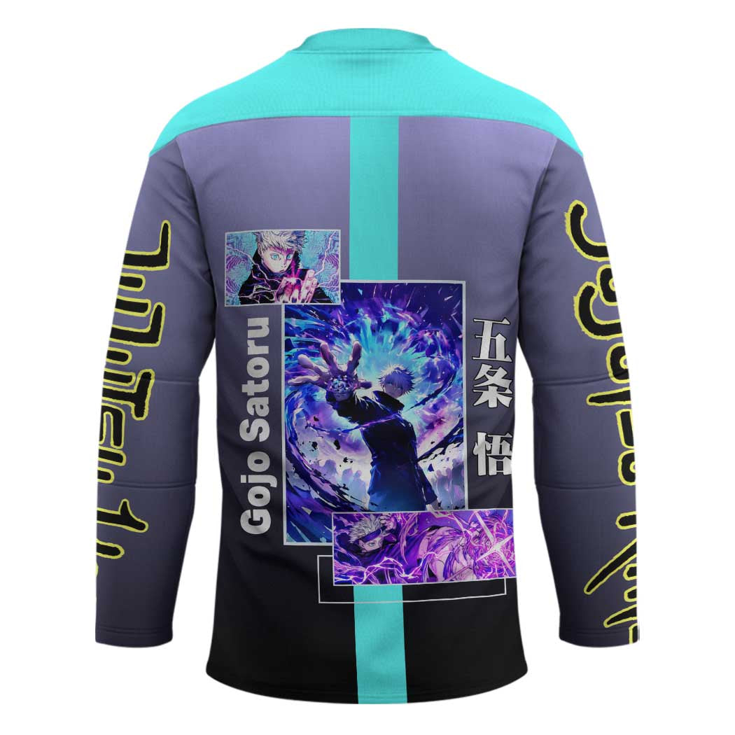 Satoru Gojo from Jujutsu Kaisen Hockey Jersey with Purple and Blue Background and Multiple Poses Design - The Mazicc