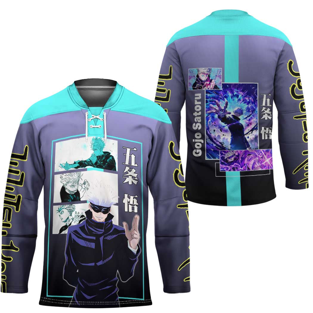 Satoru Gojo from Jujutsu Kaisen Hockey Jersey with Purple and Blue Background and Multiple Poses Design - The Mazicc