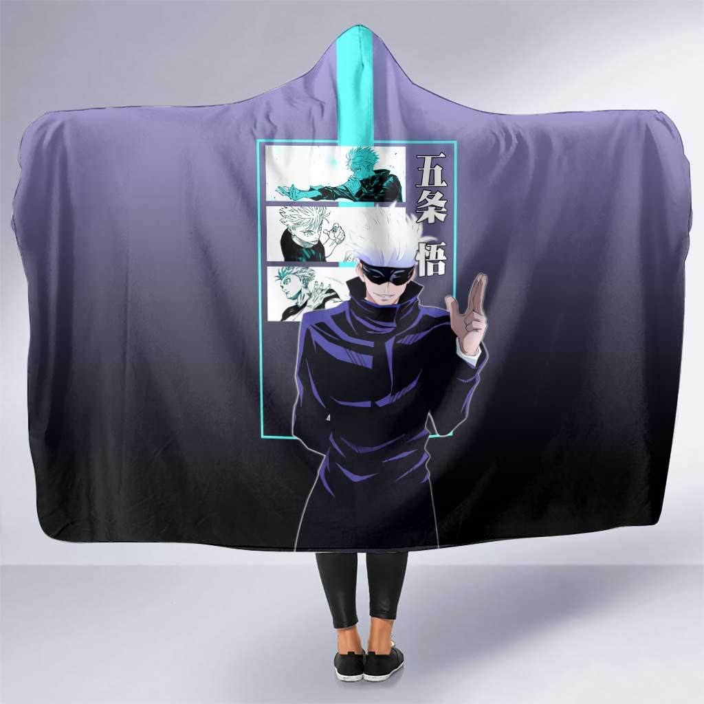 Satoru Gojo from Jujutsu Kaisen Hooded Blanket with Purple and Blue Background and Multiple Poses Design - The Mazicc