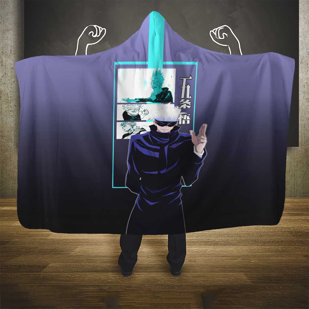 Satoru Gojo from Jujutsu Kaisen Hooded Blanket with Purple and Blue Background and Multiple Poses Design - The Mazicc