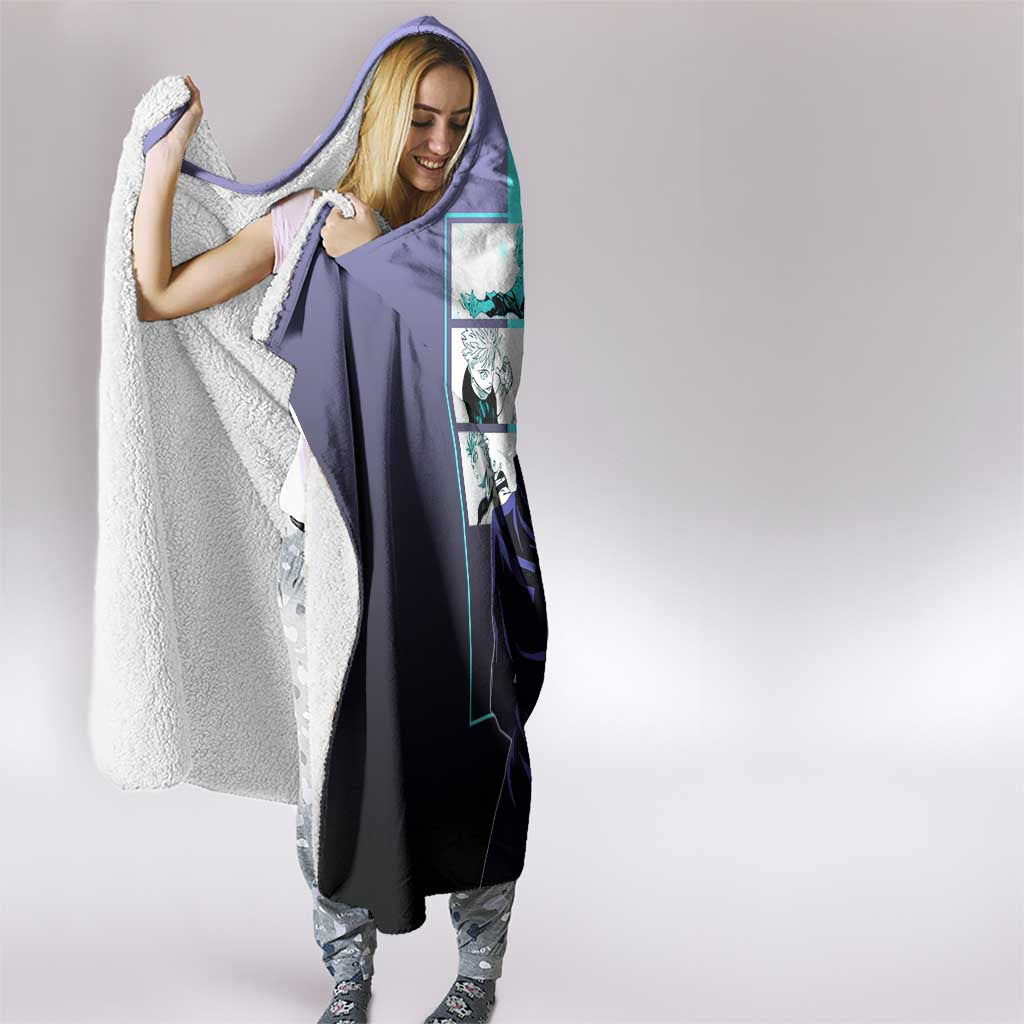 Satoru Gojo from Jujutsu Kaisen Hooded Blanket with Purple and Blue Background and Multiple Poses Design - The Mazicc