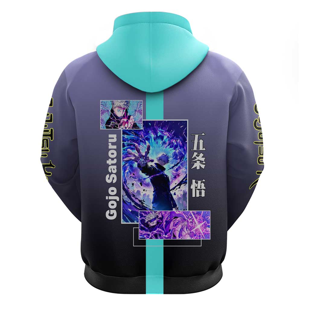 Satoru Gojo from Jujutsu Kaisen Hoodie with Purple and Blue Background and Multiple Poses Design - The Mazicc