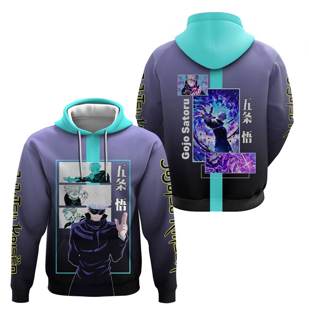 Satoru Gojo from Jujutsu Kaisen Hoodie with Purple and Blue Background and Multiple Poses Design - The Mazicc