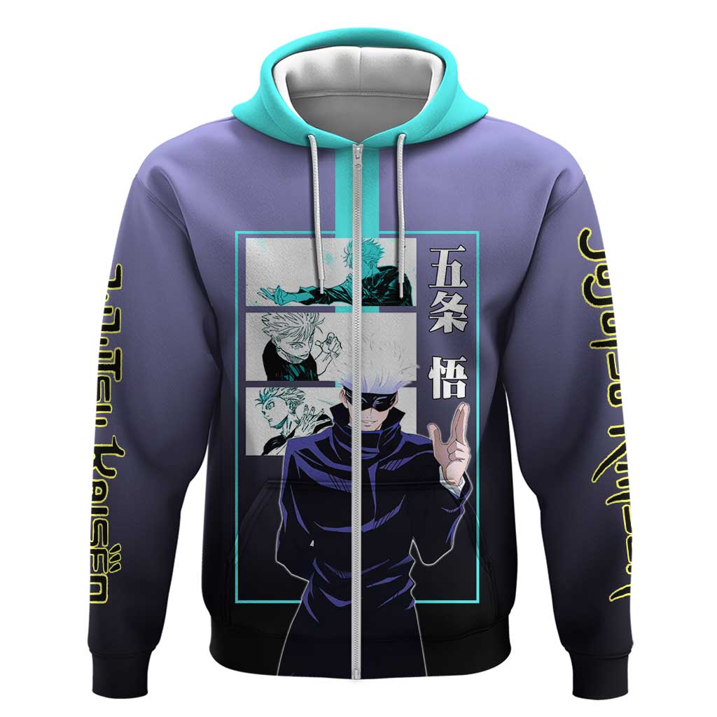 Satoru Gojo from Jujutsu Kaisen Hoodie with Purple and Blue Background and Multiple Poses Design - The Mazicc