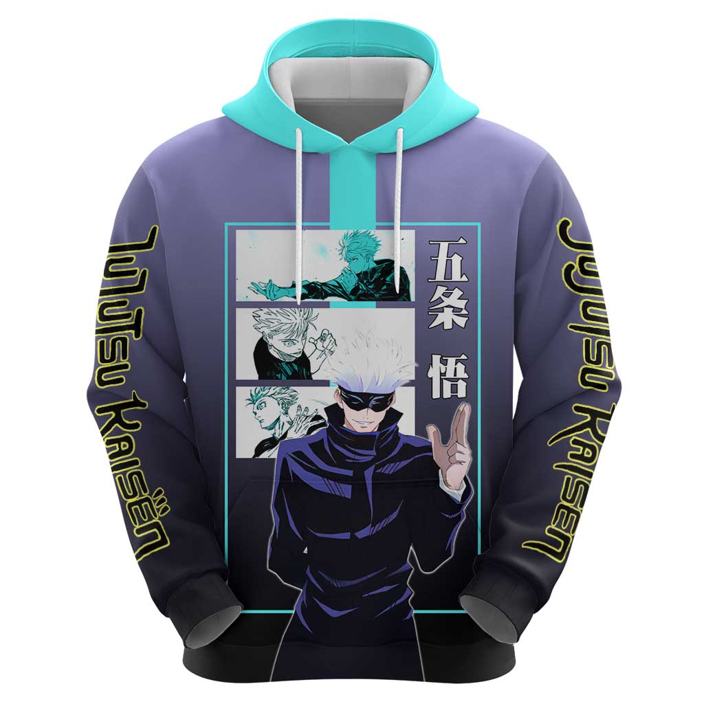 Satoru Gojo from Jujutsu Kaisen Hoodie with Purple and Blue Background and Multiple Poses Design - The Mazicc