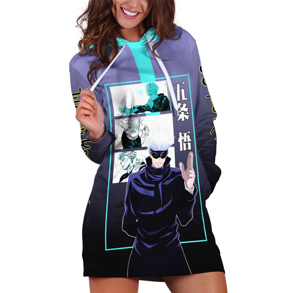 Satoru Gojo from Jujutsu Kaisen Hoodie Dress with Purple and Blue Background and Multiple Poses Design - The Mazicc