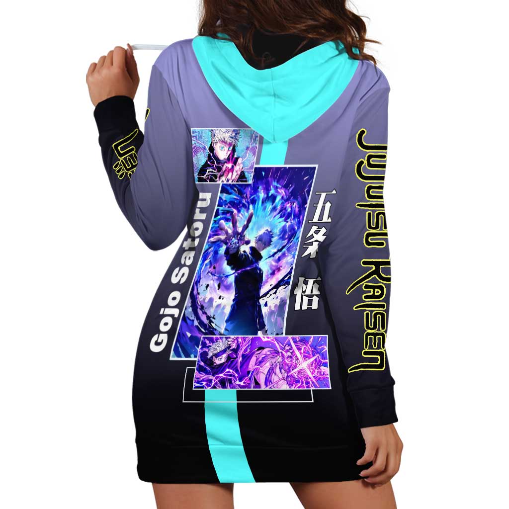 Satoru Gojo from Jujutsu Kaisen Hoodie Dress with Purple and Blue Background and Multiple Poses Design - The Mazicc