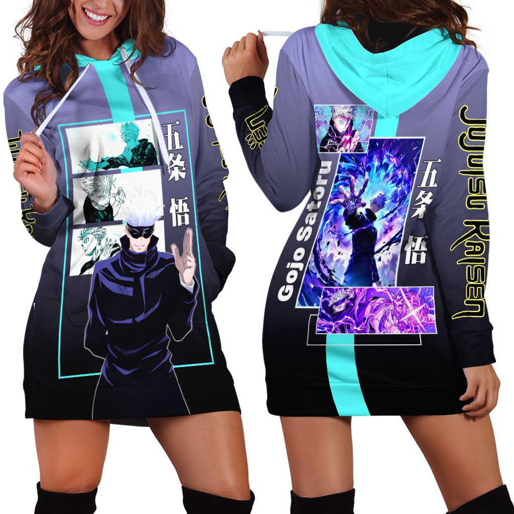 Satoru Gojo from Jujutsu Kaisen Hoodie Dress with Purple and Blue Background and Multiple Poses Design - The Mazicc