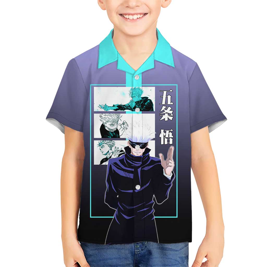 Satoru Gojo from Jujutsu Kaisen Kid Hawaiian Shirt with Purple and Blue Background and Multiple Poses Design - The Mazicc