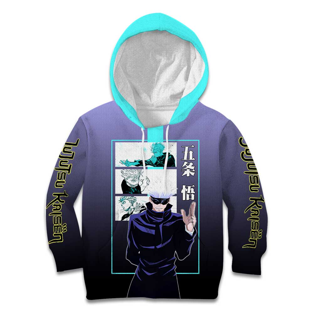 Satoru Gojo from Jujutsu Kaisen Kid Hoodie with Purple and Blue Background and Multiple Poses Design - The Mazicc