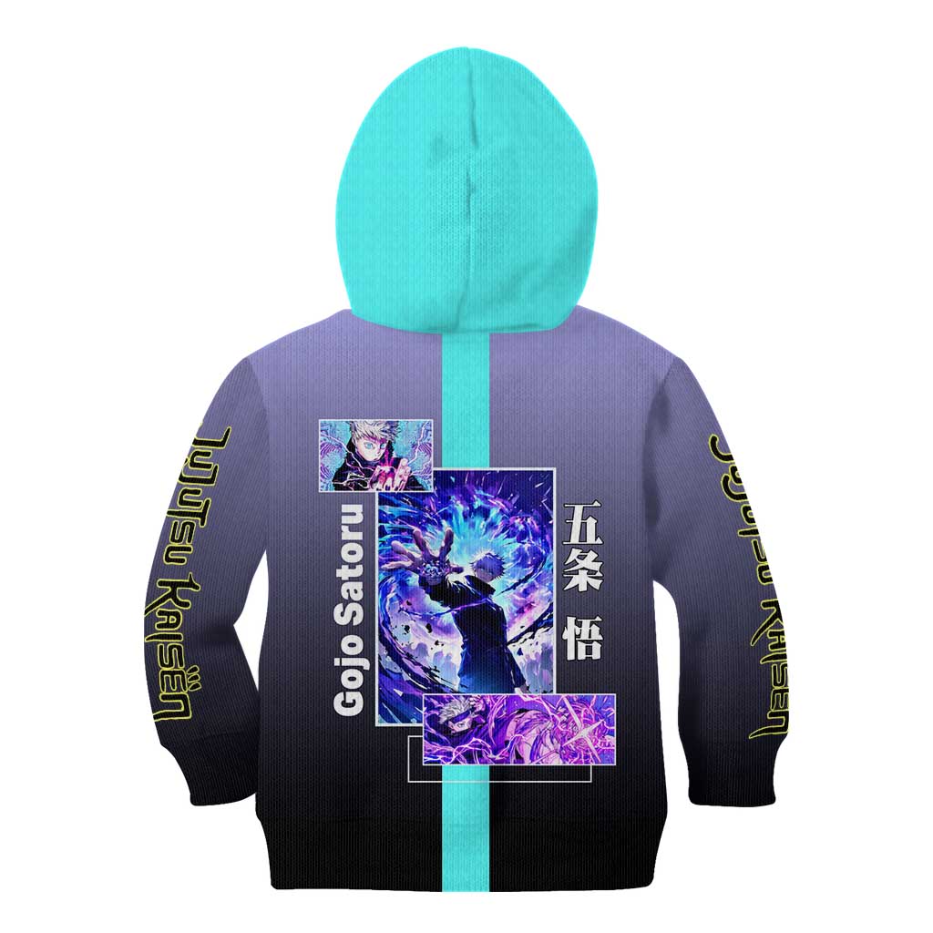 Satoru Gojo from Jujutsu Kaisen Kid Hoodie with Purple and Blue Background and Multiple Poses Design - The Mazicc
