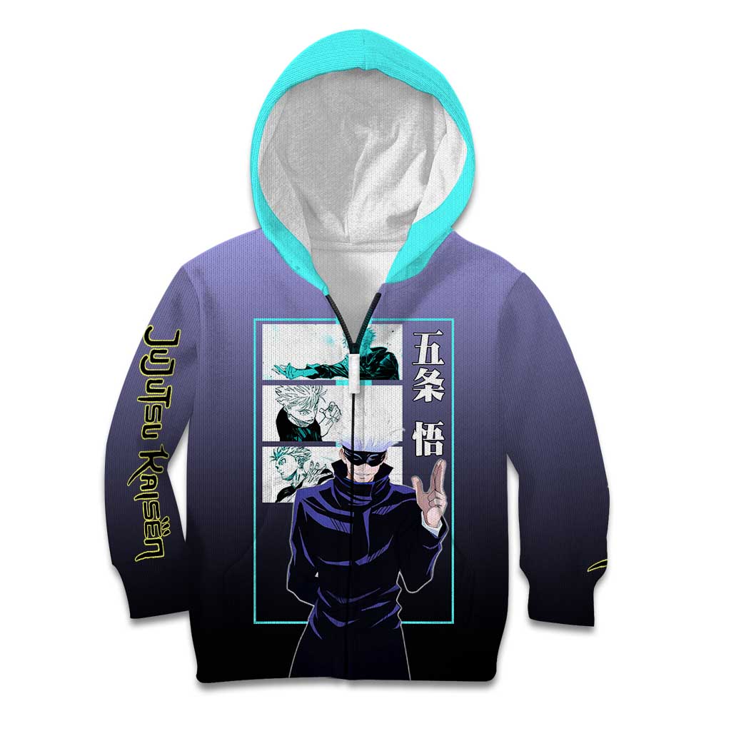 Satoru Gojo from Jujutsu Kaisen Kid Hoodie with Purple and Blue Background and Multiple Poses Design - The Mazicc