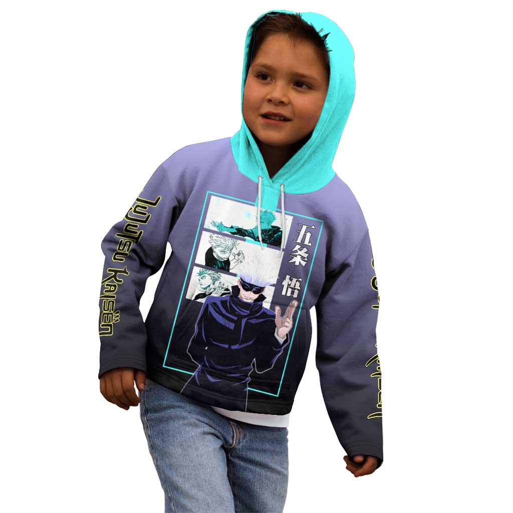 Satoru Gojo from Jujutsu Kaisen Kid Hoodie with Purple and Blue Background and Multiple Poses Design - The Mazicc