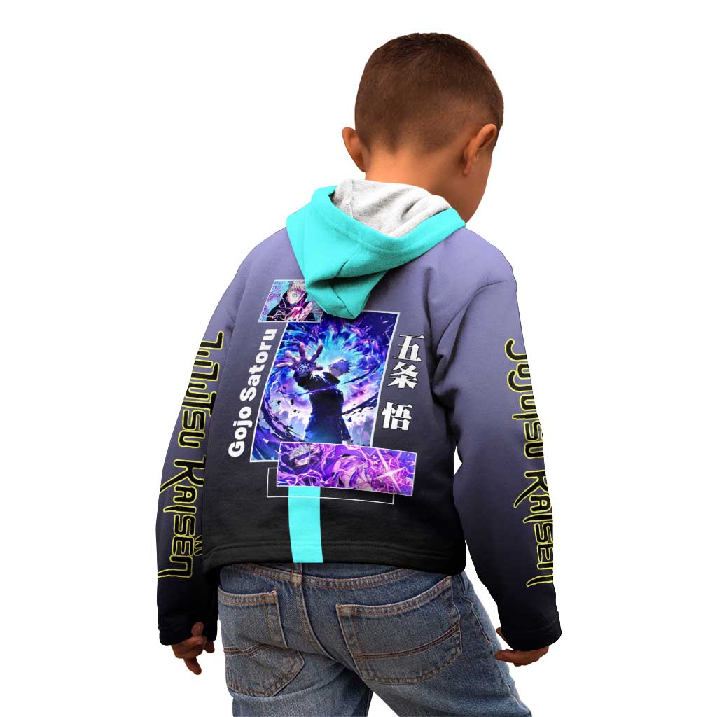 Satoru Gojo from Jujutsu Kaisen Kid Hoodie with Purple and Blue Background and Multiple Poses Design - The Mazicc