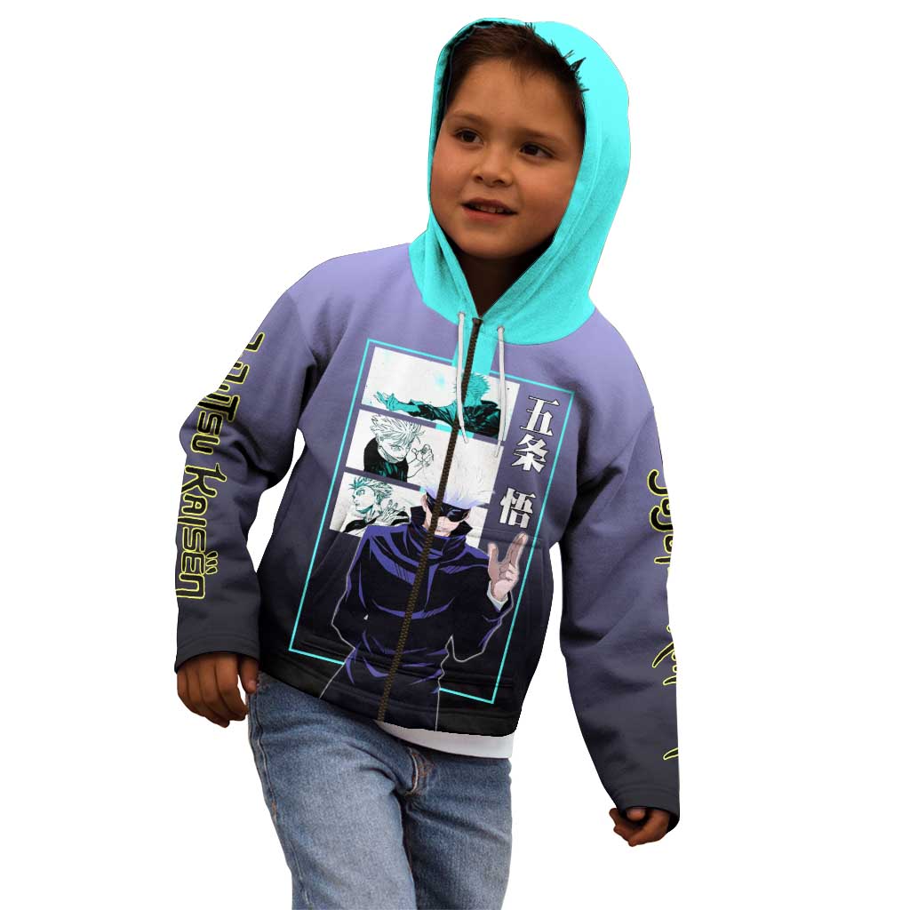 Satoru Gojo from Jujutsu Kaisen Kid Hoodie with Purple and Blue Background and Multiple Poses Design - The Mazicc