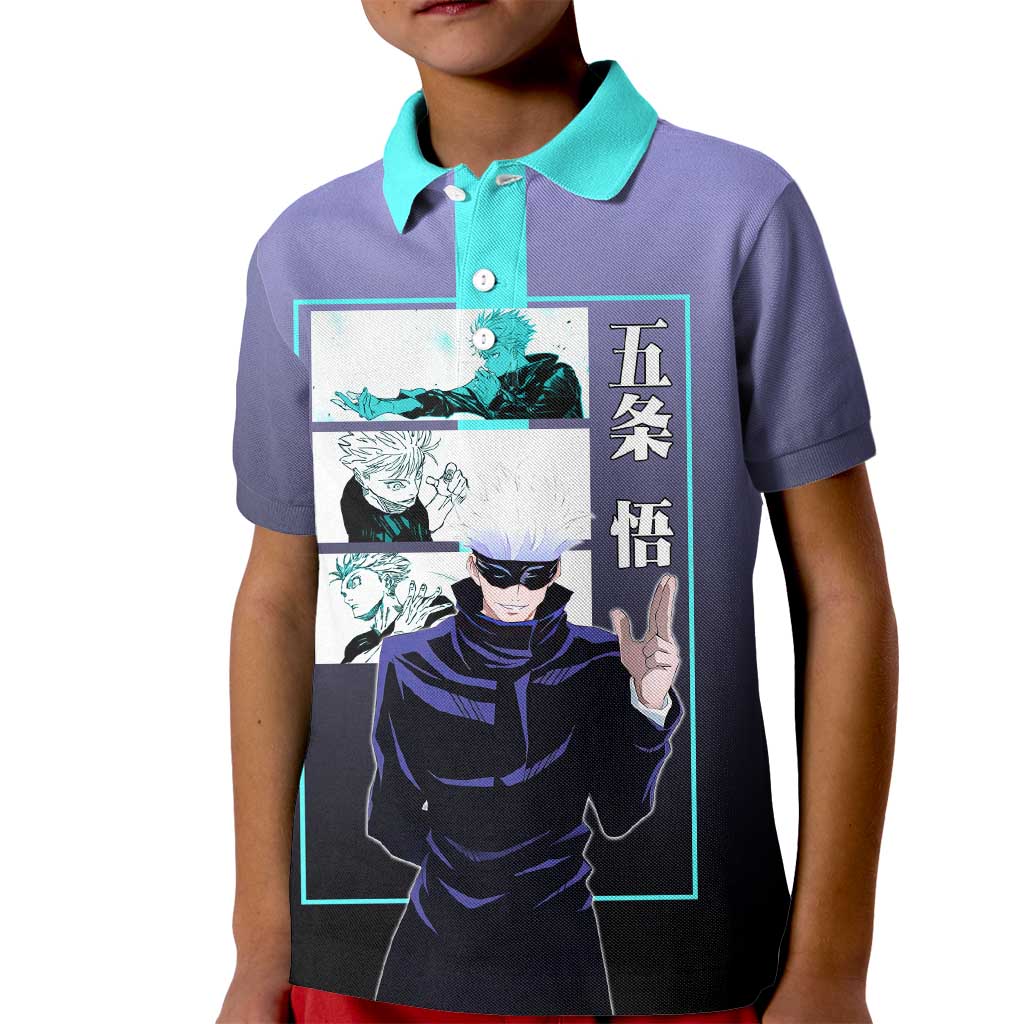 Satoru Gojo from Jujutsu Kaisen Kid Polo Shirt with Purple and Blue Background and Multiple Poses Design - The Mazicc