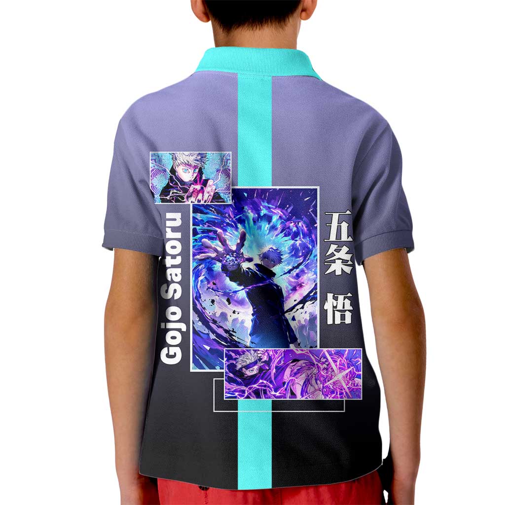 Satoru Gojo from Jujutsu Kaisen Kid Polo Shirt with Purple and Blue Background and Multiple Poses Design - The Mazicc