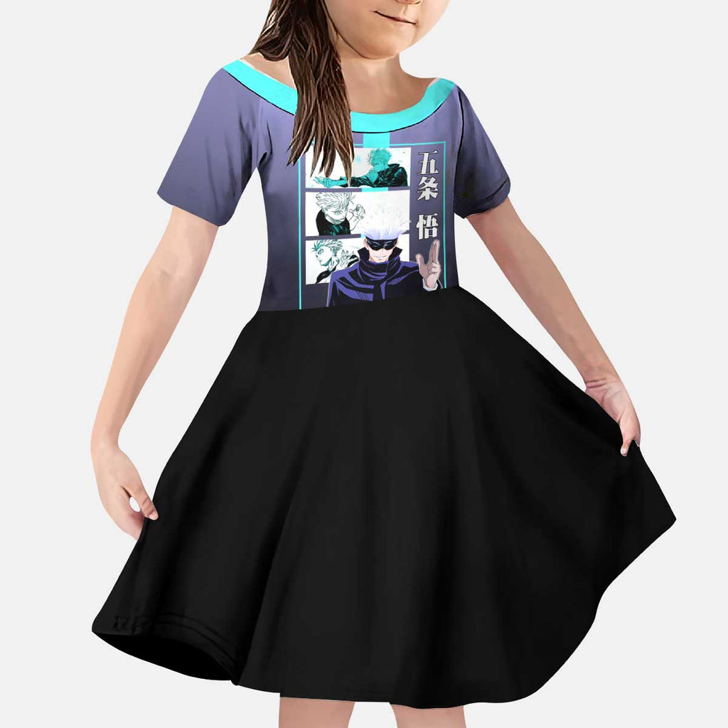 Satoru Gojo from Jujutsu Kaisen Kid Short Sleeve Dress with Purple and Blue Background and Multiple Poses Design - The Mazicc