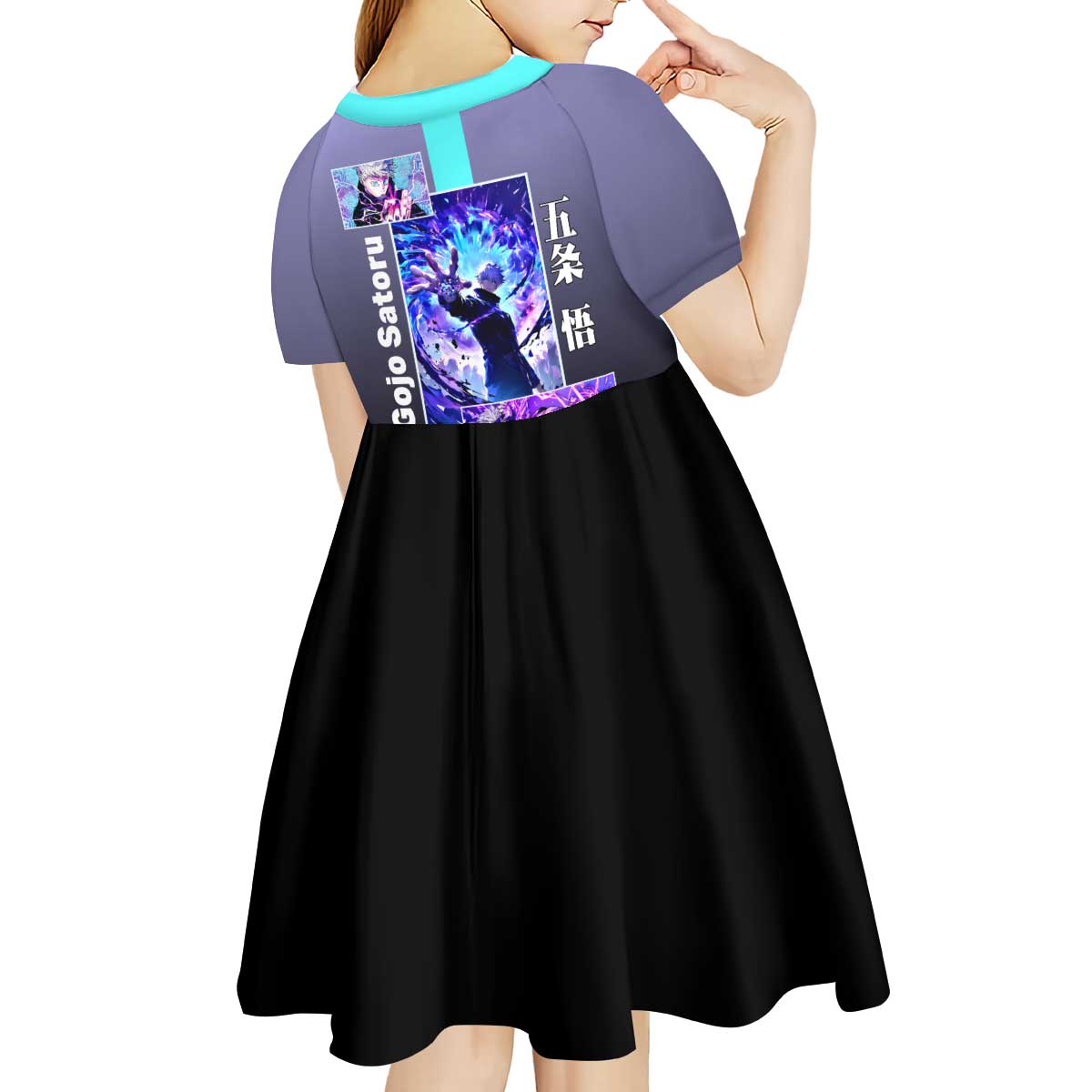 Satoru Gojo from Jujutsu Kaisen Kid Short Sleeve Dress with Purple and Blue Background and Multiple Poses Design - The Mazicc