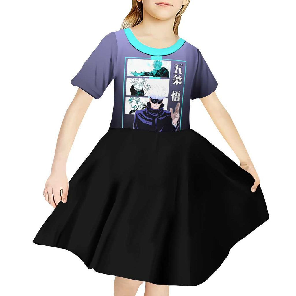 Satoru Gojo from Jujutsu Kaisen Kid Short Sleeve Dress with Purple and Blue Background and Multiple Poses Design - The Mazicc