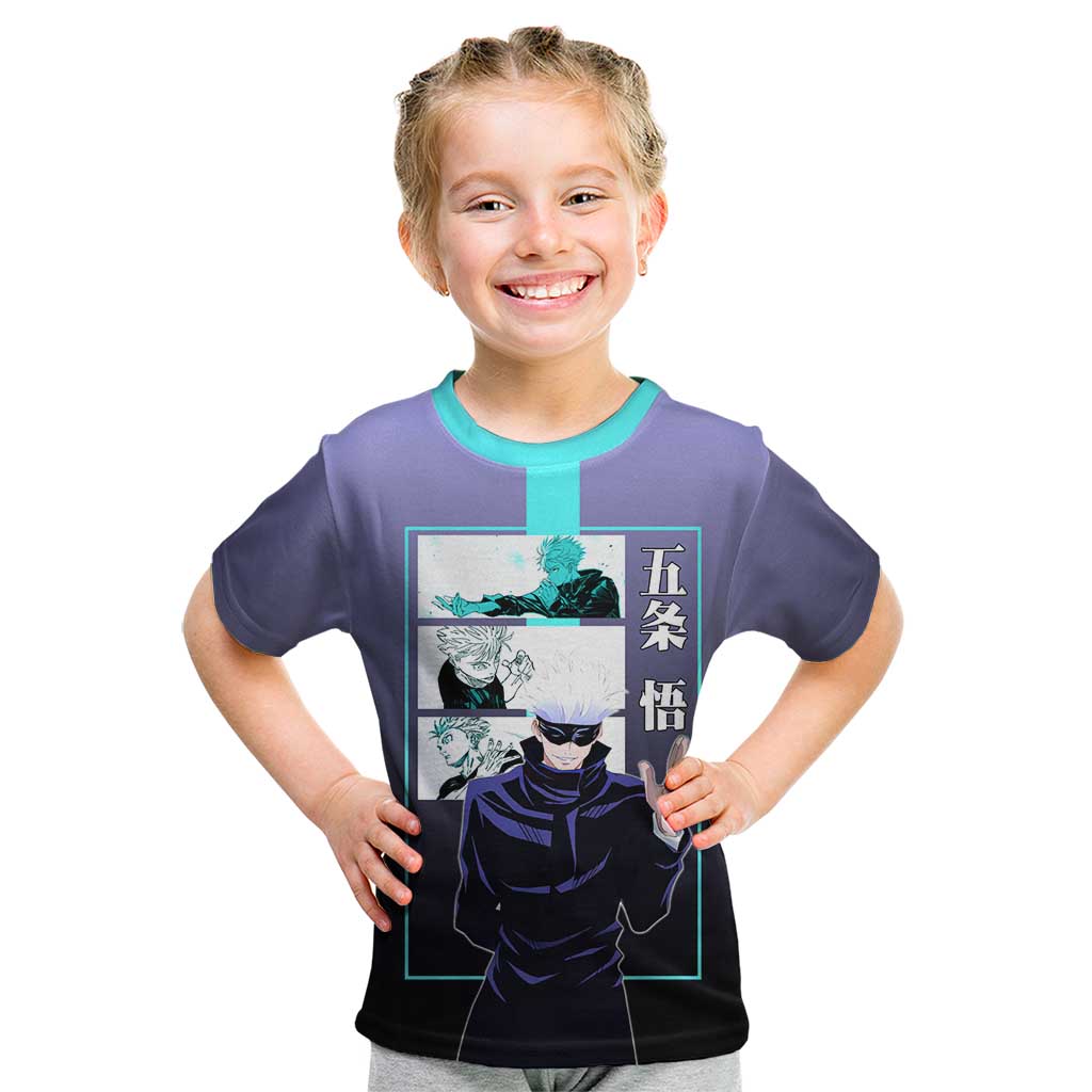 Satoru Gojo from Jujutsu Kaisen Kid T Shirt with Purple and Blue Background and Multiple Poses Design - The Mazicc