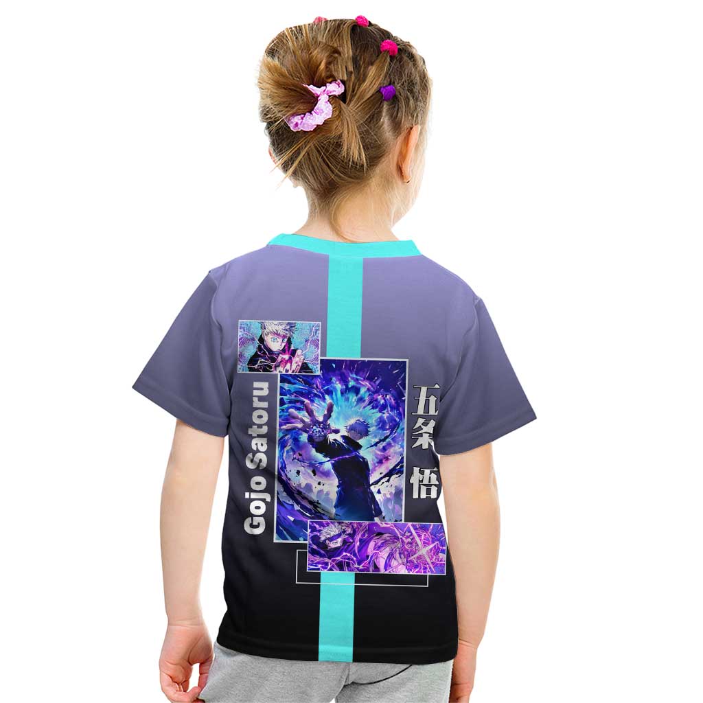 Satoru Gojo from Jujutsu Kaisen Kid T Shirt with Purple and Blue Background and Multiple Poses Design - The Mazicc
