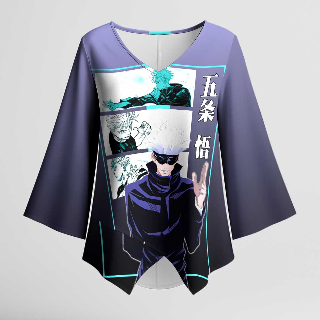 Satoru Gojo from Jujutsu Kaisen Kimono Sleeve Blouse with Purple and Blue Background and Multiple Poses Design - The Mazicc