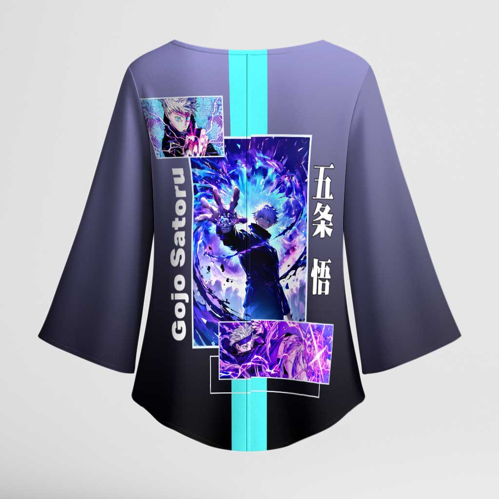 Satoru Gojo from Jujutsu Kaisen Kimono Sleeve Blouse with Purple and Blue Background and Multiple Poses Design - The Mazicc