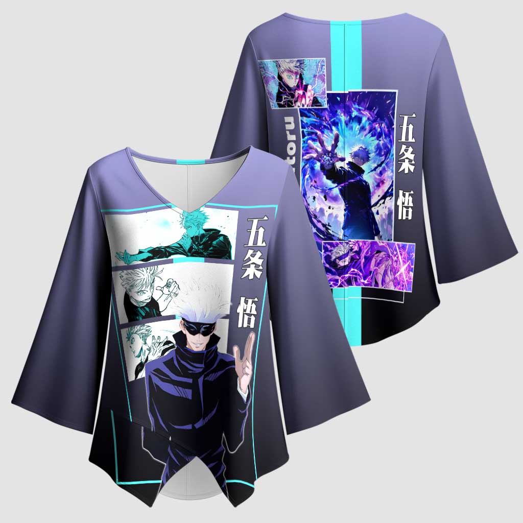 Satoru Gojo from Jujutsu Kaisen Kimono Sleeve Blouse with Purple and Blue Background and Multiple Poses Design - The Mazicc