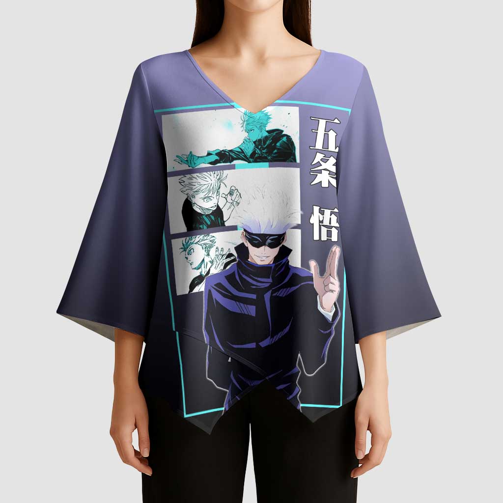 Satoru Gojo from Jujutsu Kaisen Kimono Sleeve Blouse with Purple and Blue Background and Multiple Poses Design - The Mazicc