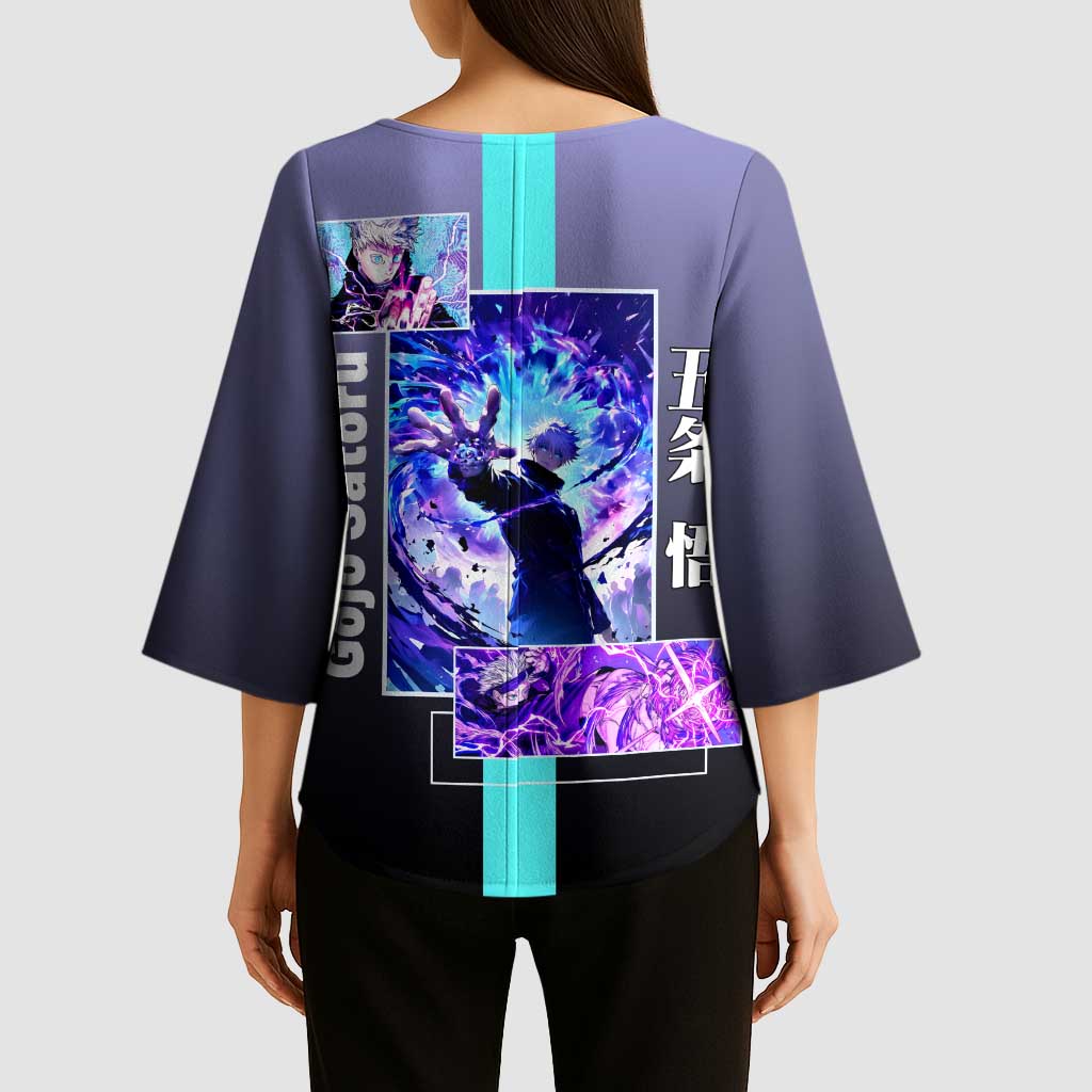 Satoru Gojo from Jujutsu Kaisen Kimono Sleeve Blouse with Purple and Blue Background and Multiple Poses Design - The Mazicc