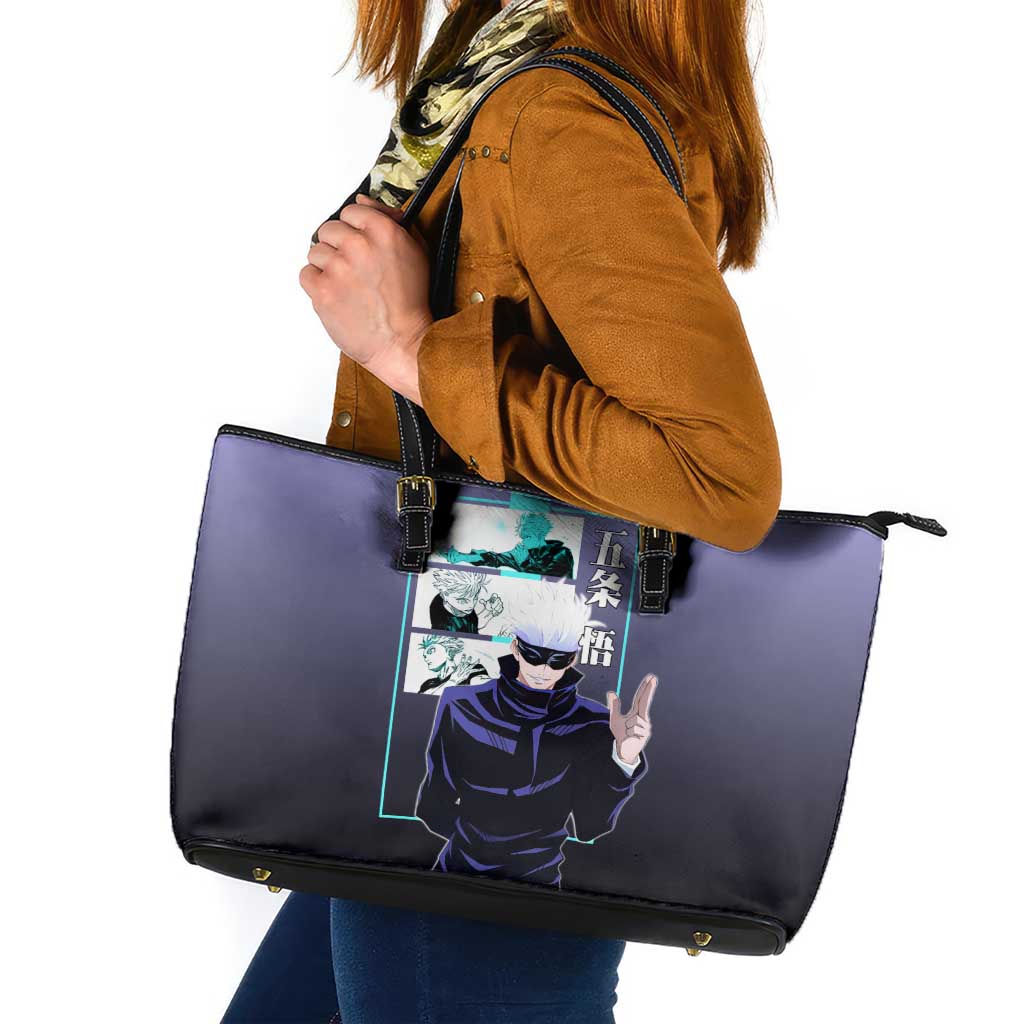 Satoru Gojo from Jujutsu Kaisen Leather Tote Bag with Purple and Blue Background and Multiple Poses Design - The Mazicc