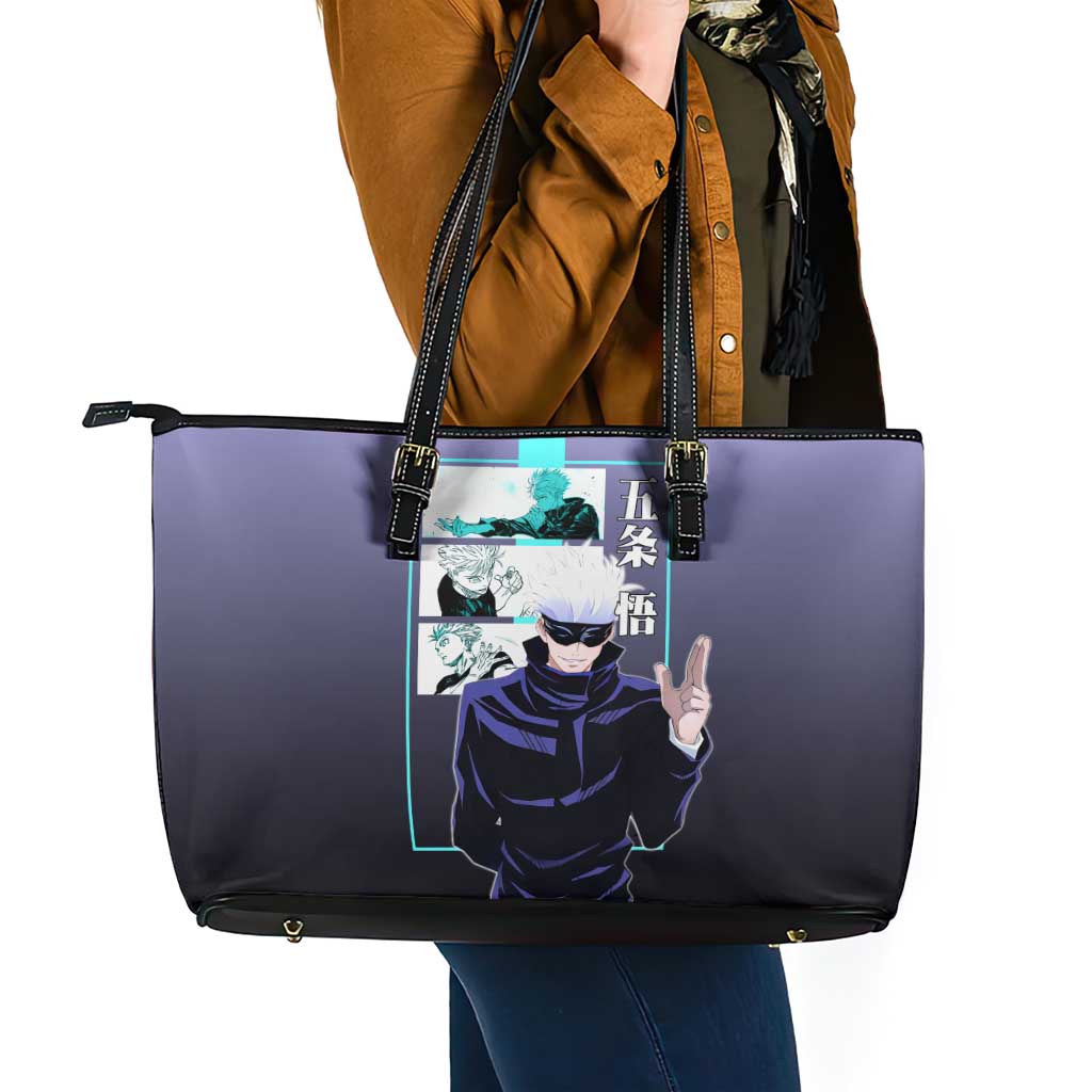 Satoru Gojo from Jujutsu Kaisen Leather Tote Bag with Purple and Blue Background and Multiple Poses Design - The Mazicc