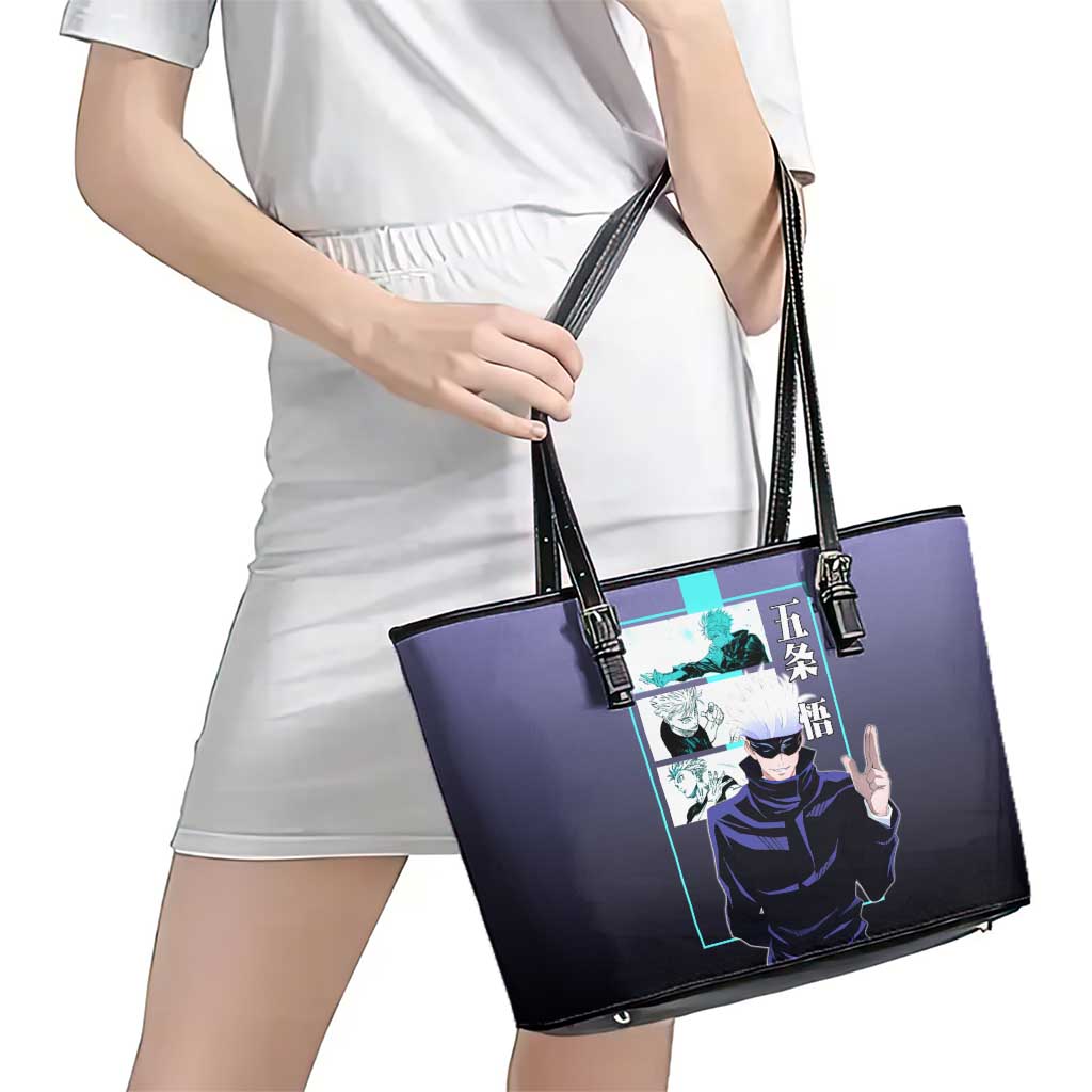 Satoru Gojo from Jujutsu Kaisen Leather Tote Bag with Purple and Blue Background and Multiple Poses Design - The Mazicc