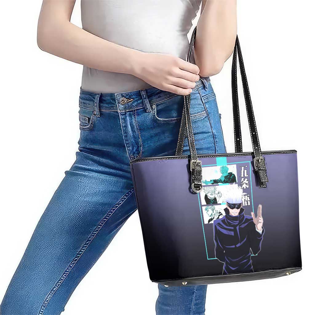 Satoru Gojo from Jujutsu Kaisen Leather Tote Bag with Purple and Blue Background and Multiple Poses Design - The Mazicc