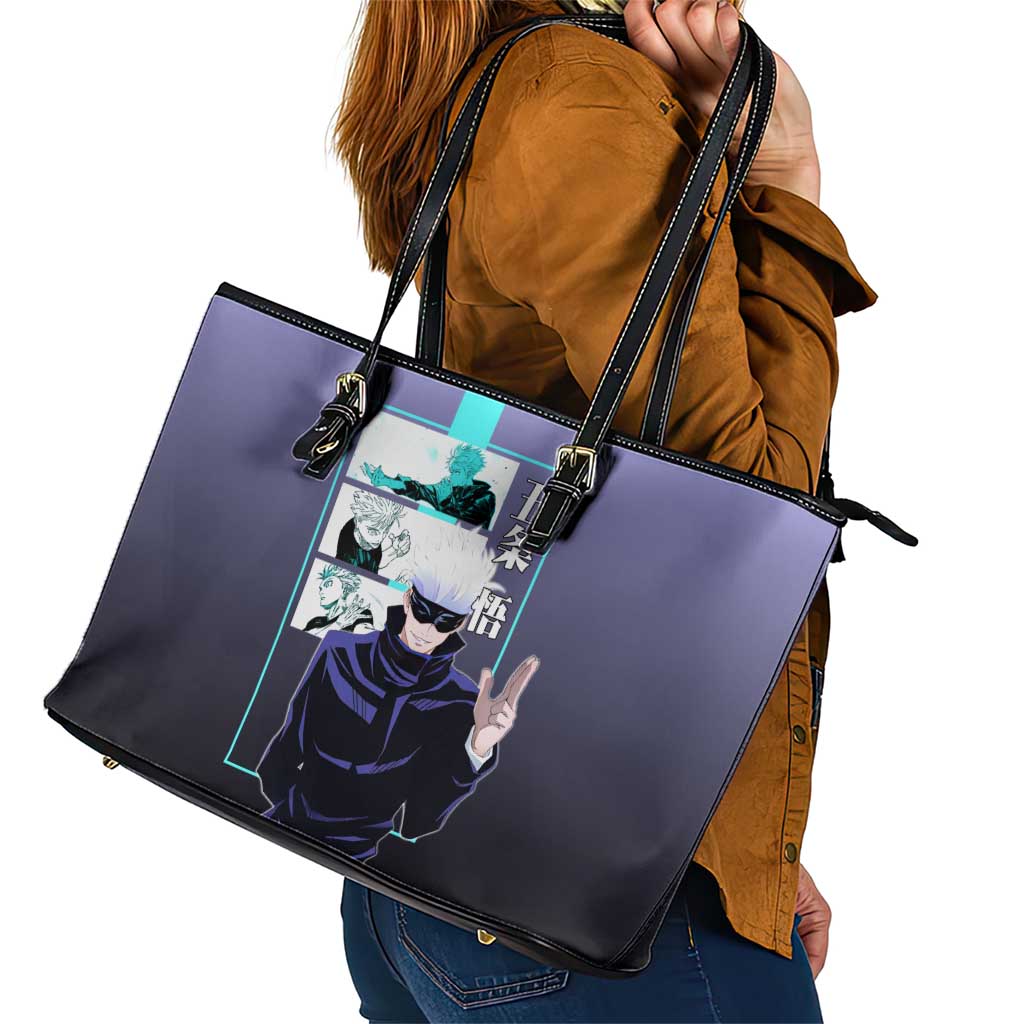 Satoru Gojo from Jujutsu Kaisen Leather Tote Bag with Purple and Blue Background and Multiple Poses Design - The Mazicc