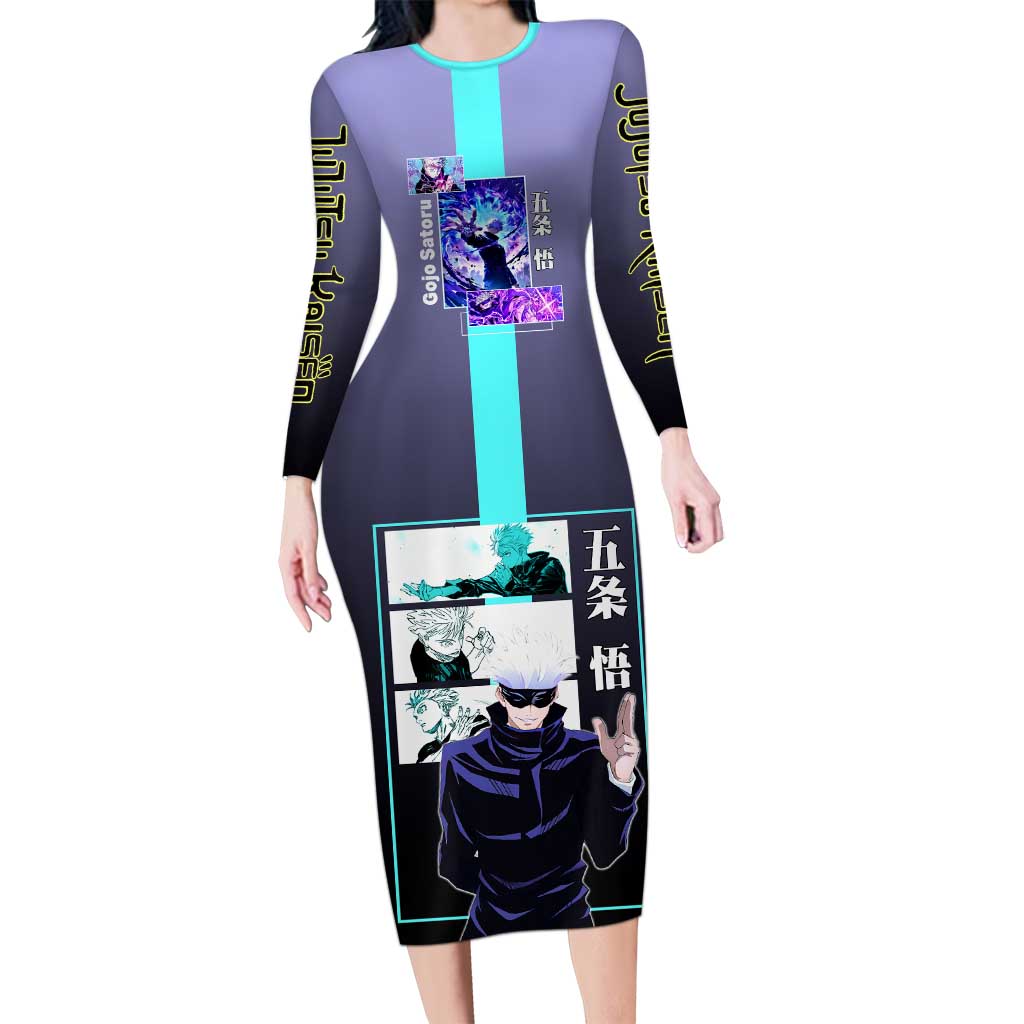 Satoru Gojo from Jujutsu Kaisen Long Sleeve Bodycon Dress with Purple and Blue Background and Multiple Poses Design - The Mazicc