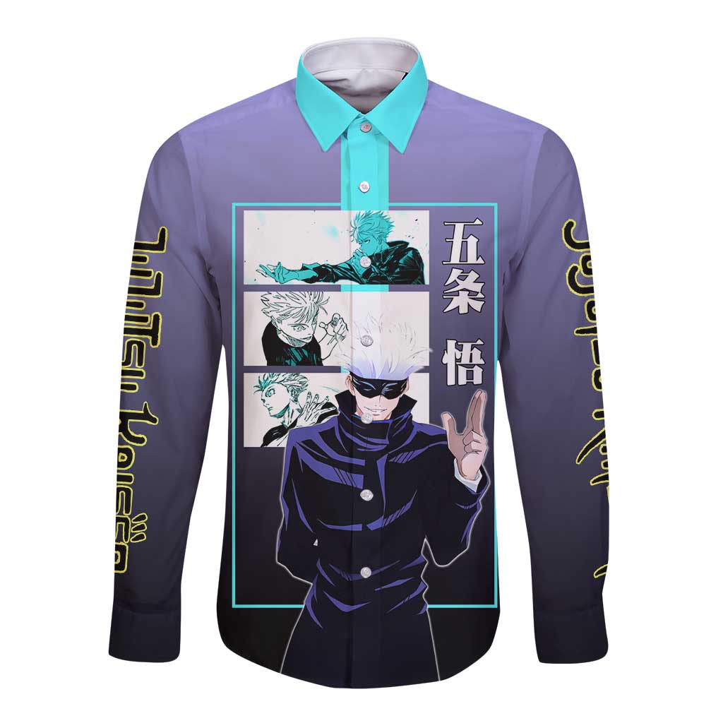 Satoru Gojo from Jujutsu Kaisen Long Sleeve Button Shirt with Purple and Blue Background and Multiple Poses Design - The Mazicc