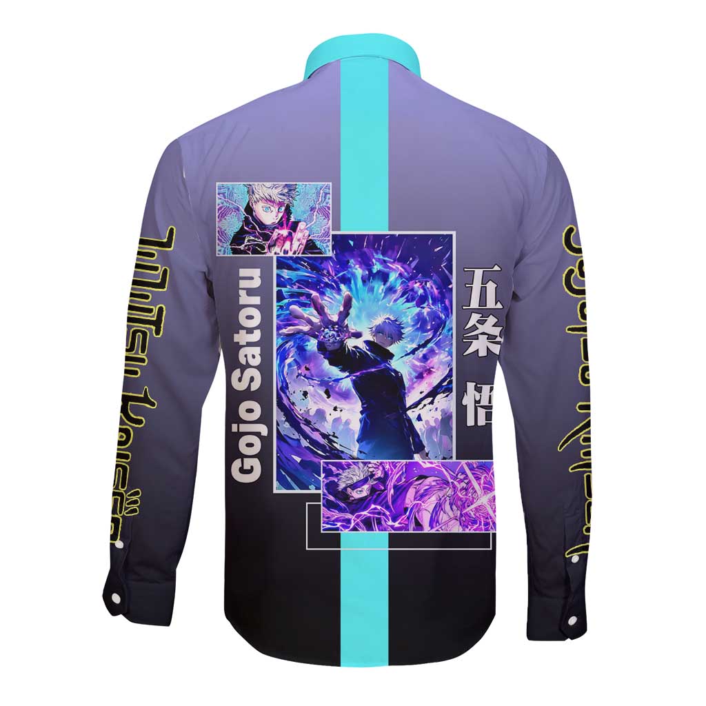 Satoru Gojo from Jujutsu Kaisen Long Sleeve Button Shirt with Purple and Blue Background and Multiple Poses Design - The Mazicc