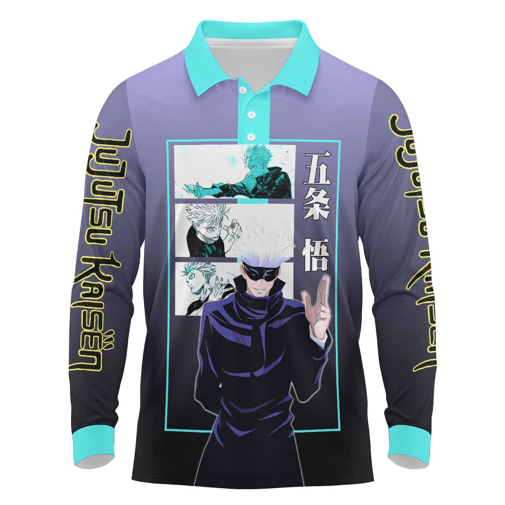 Satoru Gojo from Jujutsu Kaisen Long Sleeve Polo Shirt with Purple and Blue Background and Multiple Poses Design - The Mazicc