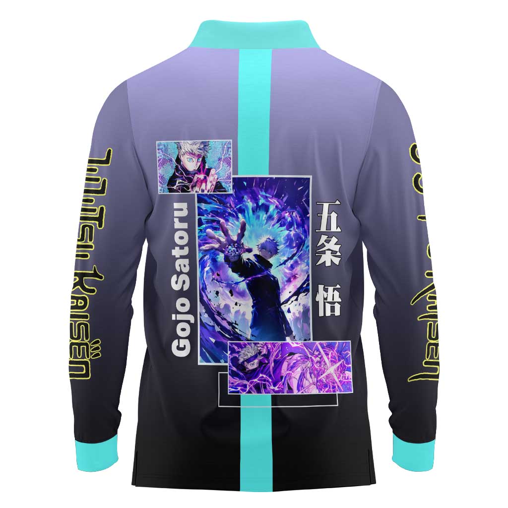 Satoru Gojo from Jujutsu Kaisen Long Sleeve Polo Shirt with Purple and Blue Background and Multiple Poses Design - The Mazicc