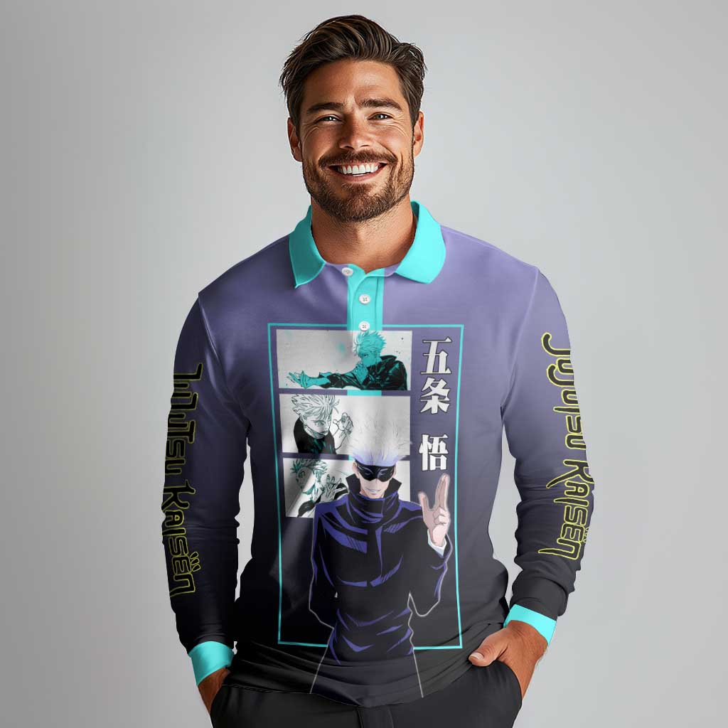 Satoru Gojo from Jujutsu Kaisen Long Sleeve Polo Shirt with Purple and Blue Background and Multiple Poses Design - The Mazicc