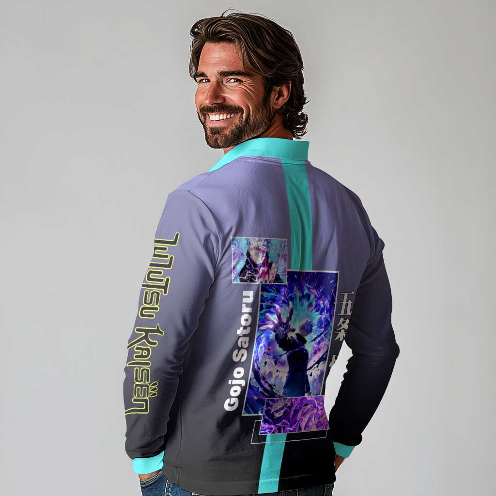 Satoru Gojo from Jujutsu Kaisen Long Sleeve Polo Shirt with Purple and Blue Background and Multiple Poses Design - The Mazicc