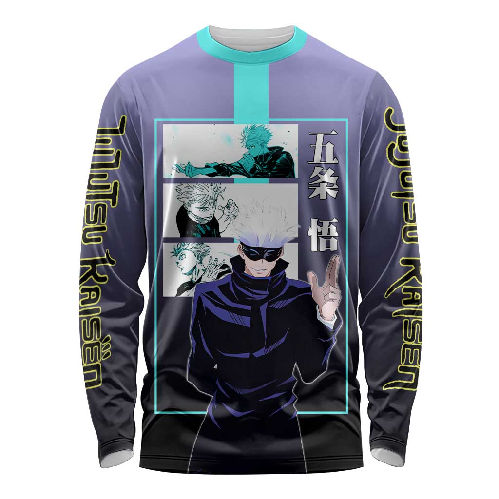 Satoru Gojo from Jujutsu Kaisen Long Sleeve Shirt with Purple and Blue Background and Multiple Poses Design - The Mazicc