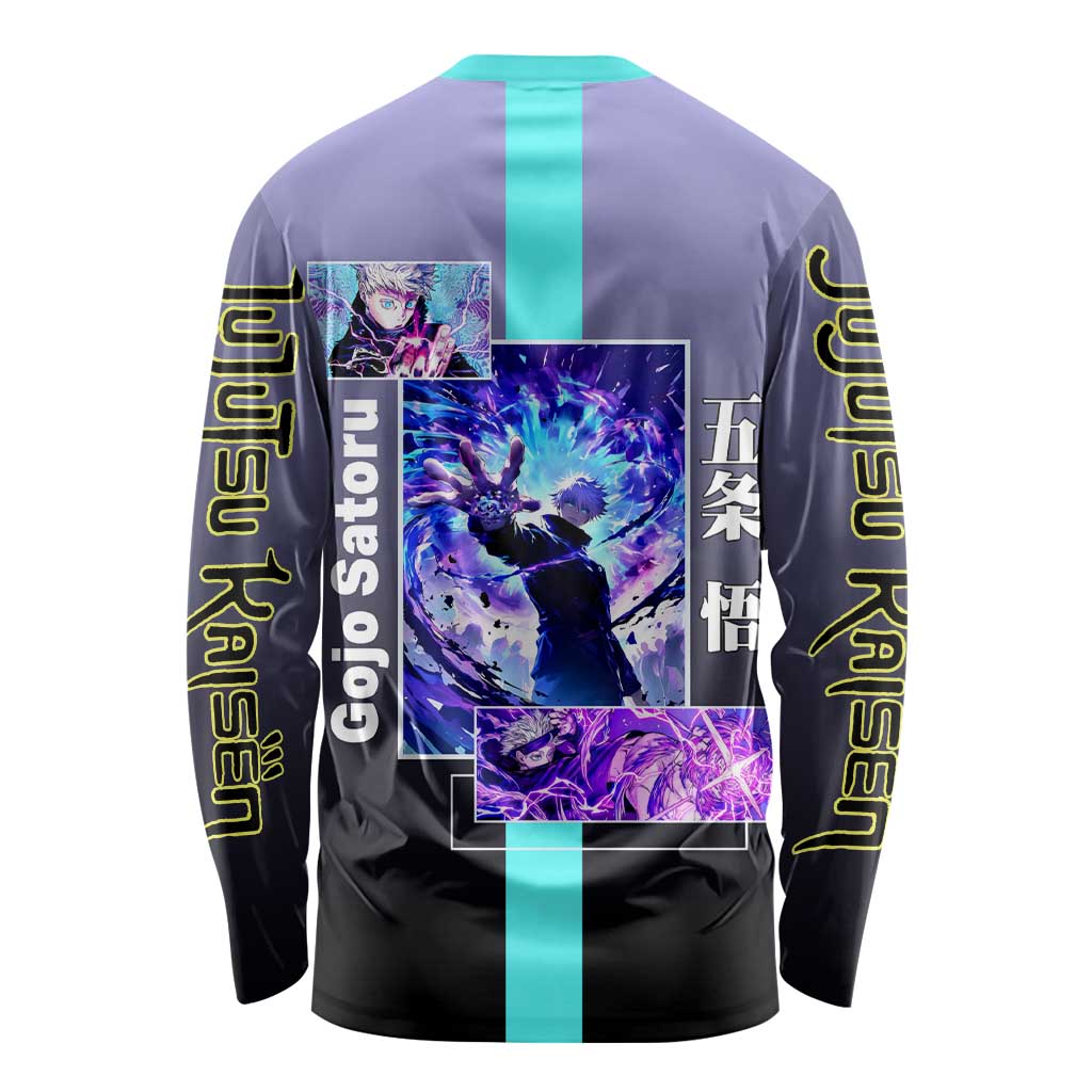 Satoru Gojo from Jujutsu Kaisen Long Sleeve Shirt with Purple and Blue Background and Multiple Poses Design - The Mazicc