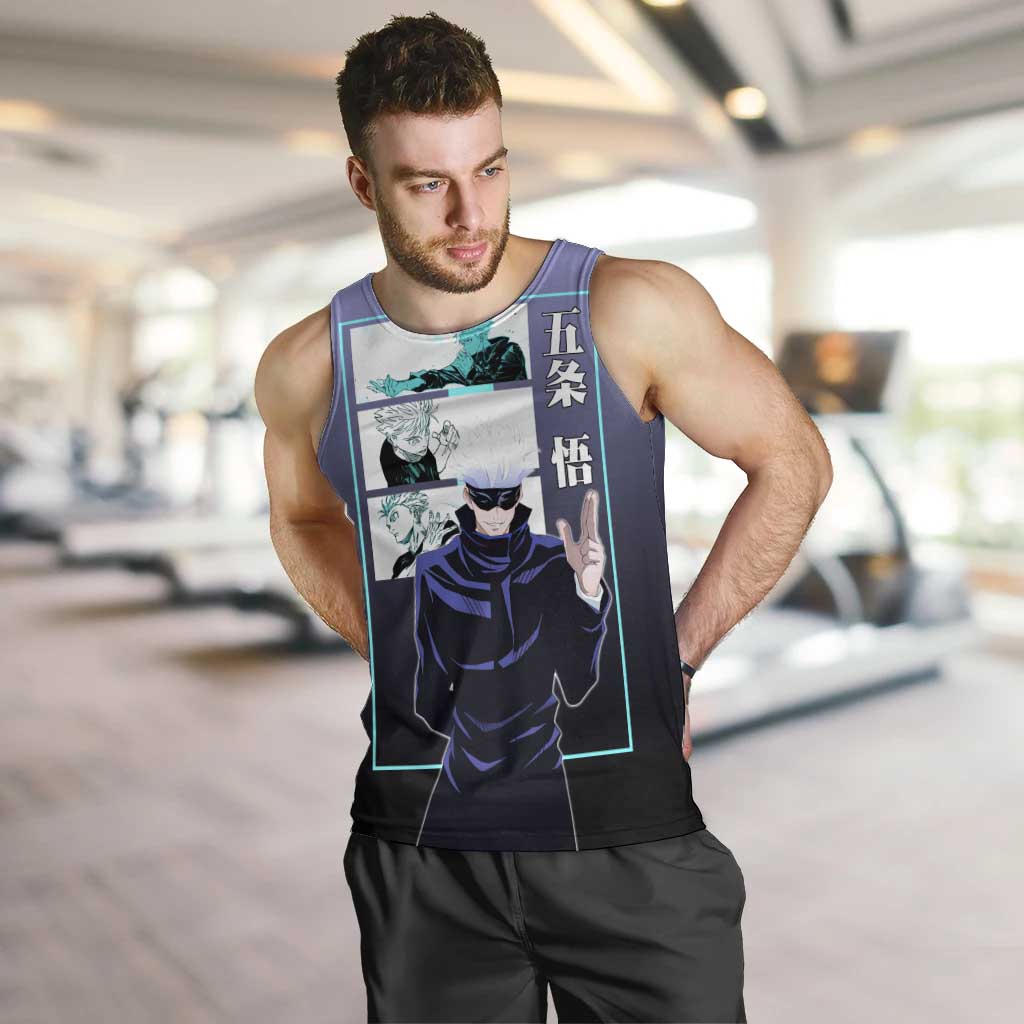 Satoru Gojo from Jujutsu Kaisen Men Tank Top with Purple and Blue Background and Multiple Poses Design - The Mazicc