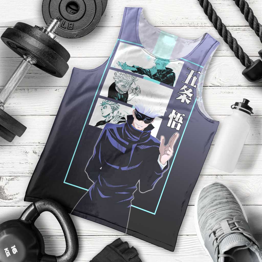 Satoru Gojo from Jujutsu Kaisen Men Tank Top with Purple and Blue Background and Multiple Poses Design - The Mazicc